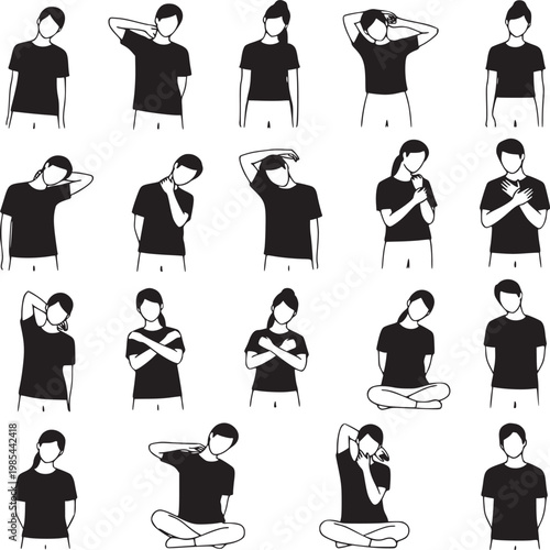 flat design vector illustration of diverse people performing various itchy scalp and head scratching gestures isolated on white