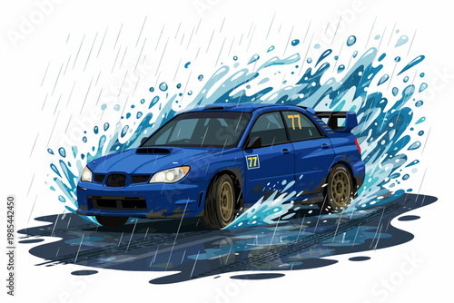Dynamic illustration of a powerful blue rally car speeding through a torrential downpour, creating dramatic water splashes on a wet track.