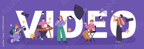 Tiny people with large word. Video production team, director, cameraman, sound engineer, presenter, interviewer, sound recording, studio lighting garish vector cartoon isolated concept