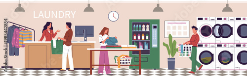 People in laundry room. Dirty clothes acceptance, man and woman visitors unload washing machines, socks in baskets, detergents, horizontal background nowaday vector cartoon isolated concept