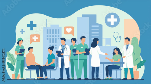 Healthcare professionals and patients in a modern medical center illustration