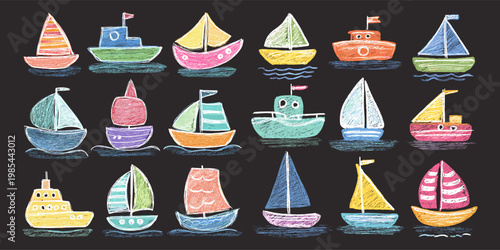 Sail boats chalk drawing. Sea ship Marine boats child hand drawn, small yacht doodle fishing ships ocean vessel steamship school kid blackboard art set isolated vector illustration