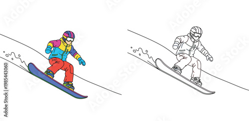 Snowboarding Kid Illustration with Colored and Outline Version for Coloring Book, Child Practicing Winter Sports on Snowy Slope Vector Drawing for Kids Activity