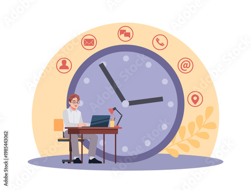 Office employee works on laptop at desk. Working time planning, priority of tasks. Time management and productivity, deadlines and digital work organization vector cartoon isolated concept