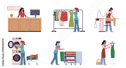 Laundry service workers. Women in uniforms professionally take care of clothes, washing machines, fabric steaming, professional textile dry cleaning, nowaday vector cartoon isolated set