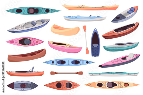 Kayak boats. Different types water transport for rafting, racing competitions, inflatable, wooden, plastic canoe with oars, outdoor recreation equipment tidy vector cartoon isolated set