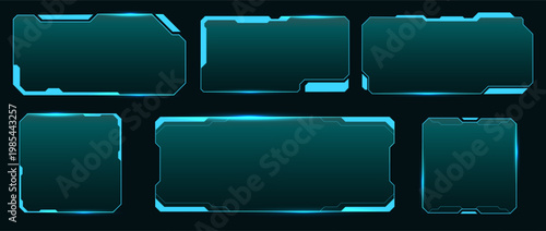 Glowing sci fi glass frames. Transparent blank screens, futuristic assets design, tech shapes, gaming menu borders, digital screens, HUD layouts, design elements qualitative vector isolated set