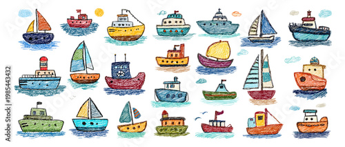 Sea boats crayon drawing. Marine ships child hand drawn, doodle small sail boat yacht motorboat fishing ship ocean vessel steamship kid pencil art set isolated vector illustration