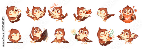 Cute cartoon sparrow character. Funny little bird, feathered mascot, different poses, playful emotions and actions, happy and sad chat stickers collection, decorative design tidy vector set