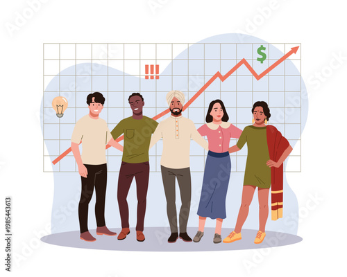 Company staff. Business partners, office workers, corporate, modern team, free style people, diverse team together, financial chart, progress indicators vector cartoon isolated concept