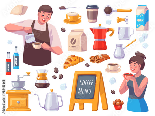 Coffee tools. Cartoon hot drink elements, barista and coffee shop customer, preparation beverage, brewing espresso, sweet snack pastries, milk and beans, classy vector cartoon isolated set