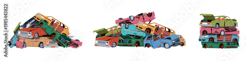 Car scrap piles. Broken, rusty abandoned automobiles composition, junkyard metal garbage, vehicles dump, bodies heaps and stacks, industrial storage nowaday vector cartoon isolated set