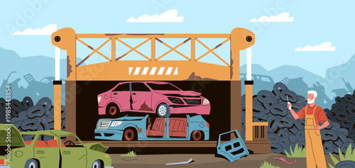 Car dump worker. Man controls press with remote control, scrap metal recycling, rusty broken automobiles utilization, processing operation nowaday vector cartoon isolated industrial concept