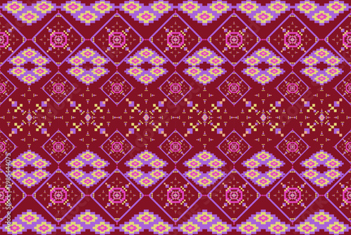 Traditional geometric pattern with pixel art style in shades of red, pink, yellow, and purple. Inspired by Thai textile weaving. Perfect for fabric design, background, and decorative art.