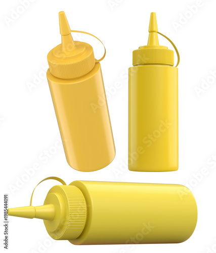 Set of plastic squeeze ketchup and mustard bottles with pointed cone caps lined up side by side isolated on white background