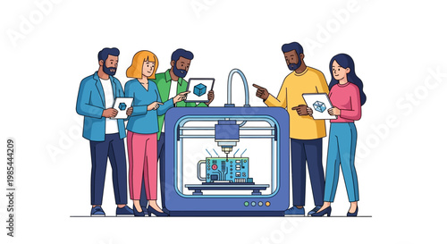 Diverse Team Collaborates Around Advanced 3D Printer.