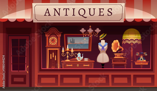 Antique shop window. Vintage furniture, lamps and dishes on store vitrine, retro boutique facade decor, showcase with goods, interior styling objects, tidy vector cartoon isolated concept
