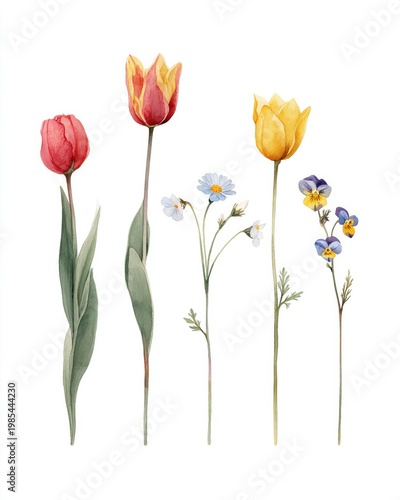 Watercolor botanical study with tulips daisy pansy and forget me not