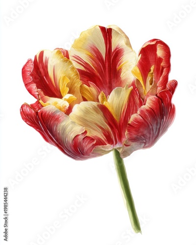 Single variegated tulip with red and yellow petals isolated