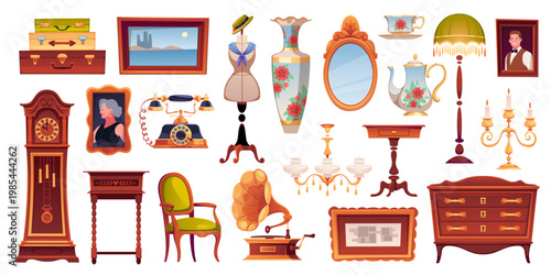 Antique shop elements. Vintage store goods, retro classical Victorian furniture, paintings decor, fixtures, retro garage sale items, things with history, tidy vector cartoon isolated set