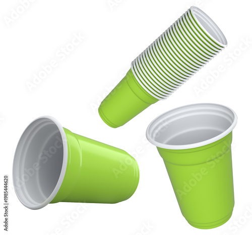 Set of colorful plastic cups isolated on white background, concept of party supplies