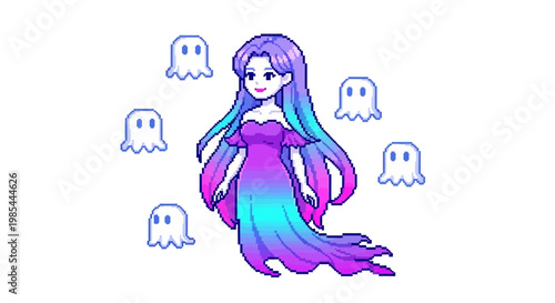 Enchanting Ghostly Woman Surrounded by Cute Spirits.