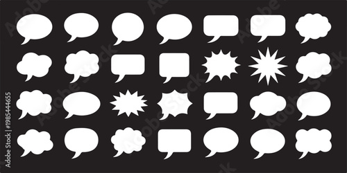 Speech bubble icons with various shapes including oval rectangular and starburst frames for comics and digital chat communication.