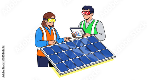 Engineers examining solar panel technology with digital tablet.