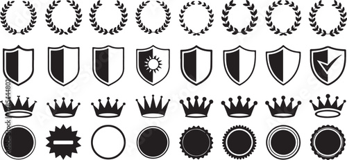 Collection of laurel wreaths, heraldic shields, crowns, and badges, signifying victory, protection, and royalty.