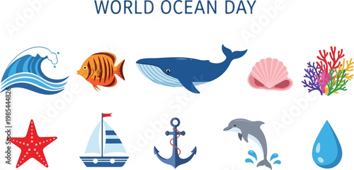 Oceanic Creatures and Maritime Symbols Celebrating World Ocean Day in a Vibrant Illustration