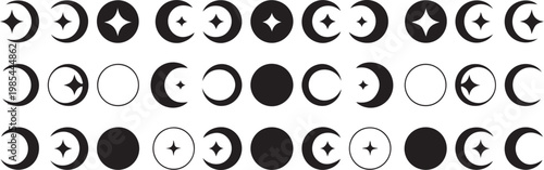 Set of moon phases icons with stars, representing celestial cycles and astrological symbols in various forms.