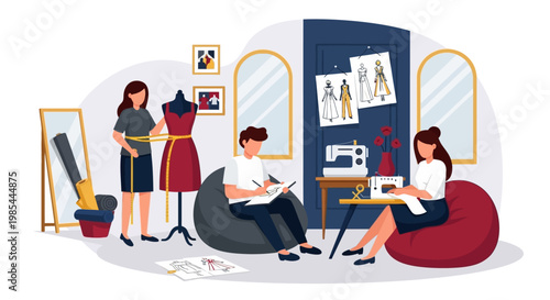 Fashion Design Studio with Designers Working on Garments.