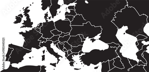 Map of Europe with country borders in black on transparent background continent geography political divisions.