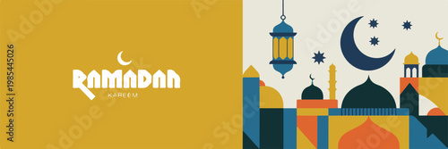 Ramadan Kareem banner with mosque crescent moon and lantern holiday Islamic celebration religious event.