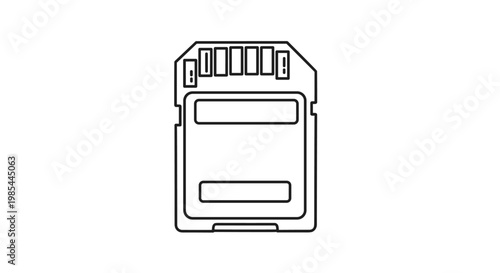 Minimalist black and white outline illustration of a standard digital SD memory card used for storage in electronic devices.