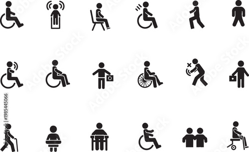 Disabled people and accessibility silhouette icon set