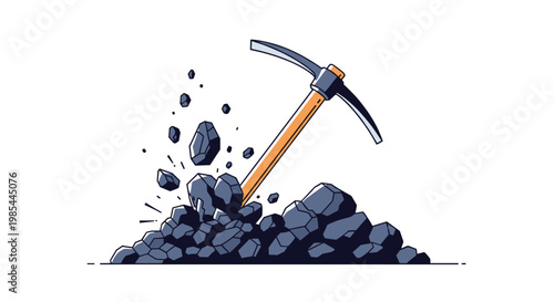Steel pickaxe striking a pile of coal or dark rocks with flying fragments against a white background in a stylized graphic way.