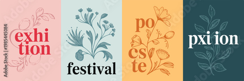 Set of four posters for exhibition festival and poetry with floral elements and typography.