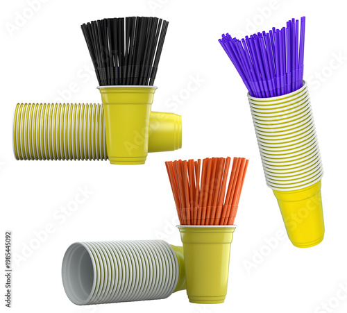 Multiple colorful plastic straws arranged in plastic cups isolated on white background, symbolizing party beverages