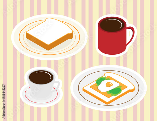 食パンとコーヒーでモーニング・アイソメトリックイラスト