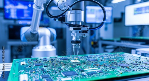 Advanced robotic arm working on electronic circuit board in high-tech laboratory.