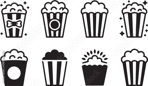 Set of eight stylized popcorn buckets icon collection in black and white on transparent background for graphic.