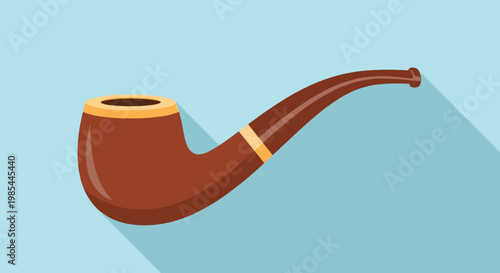 Classic wooden tobacco smoking pipe with a long stem and a polished brown finish shown against a solid light blue background.