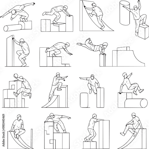 set of 16 vector illustrations man exercising at home workout equipment flat design icons