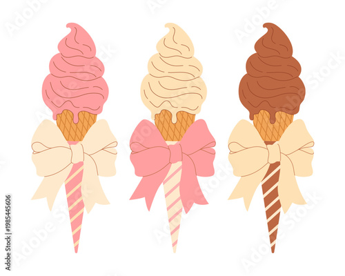 Flat hand drawn strawberry soft ice cream, melted vanilla, chocolate gelato in waffle cone tied with bow, isolated on white background. Minimalistic vector illustration EPS10