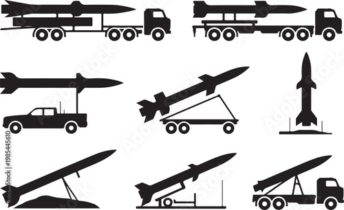 Collection of military missile launchers and vehicles including truck mounted rocket systems and ICBMs.