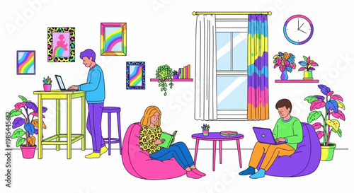 Diverse people working remotely in a colorful, modern home office environment.