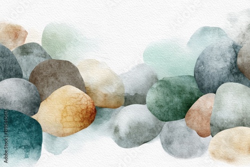Pastel river stones in calming watercolor composition
