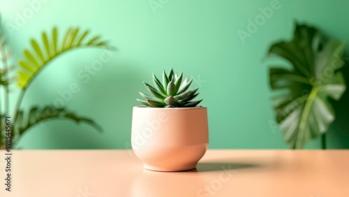 Succulent plant in ceramic pot on wooden table with green wall