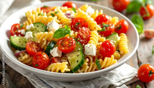A white bowl filled with pasta salad